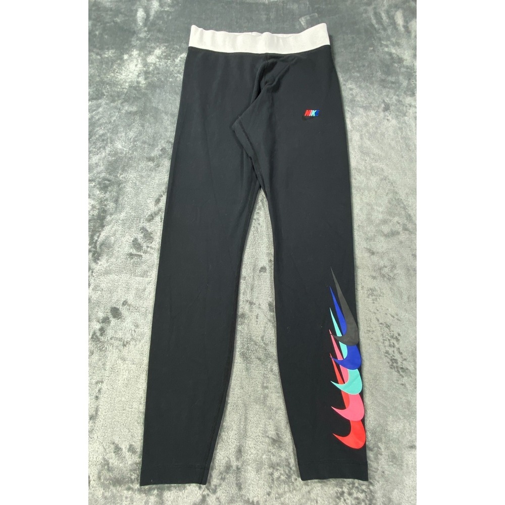 Nike Pants Medium Womens Black Stacked Swoosh Logo Leggings‎ Yoga Gym Activewear